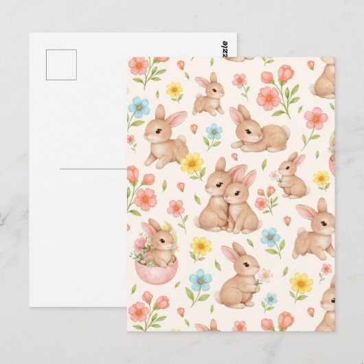 Sweet Spring Bunnies & Floral Garden Pattern ポストカード (正面/裏面)