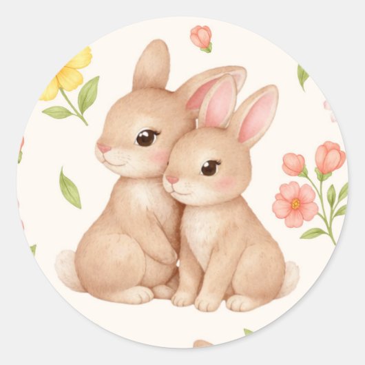 Sweet Spring Bunnies & Floral Garden Pattern ラウンドシール (正面)