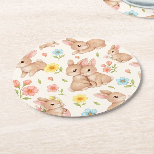 Sweet Spring Bunnies & Floral Garden Pattern ラウンドペーパーコースター (アングル)