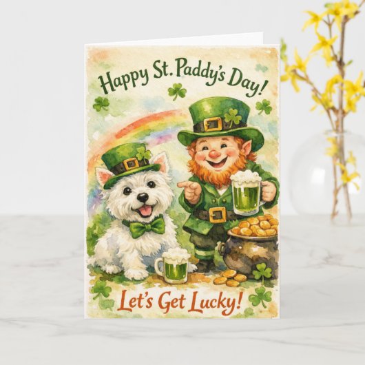 Sweet St. Patrick’s Day Westie & Leprechaun Card カード (黄色い花)