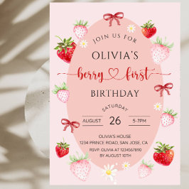 Sweet Strawberry Berry 女の子の1歳の誕生日お祝いに 招待状