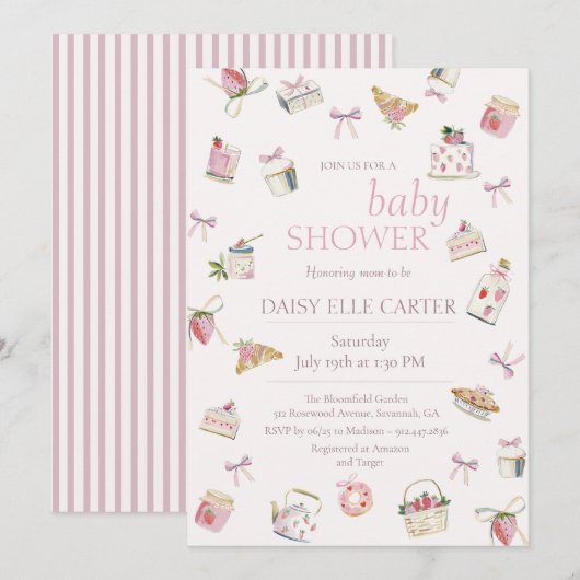 Sweet Strawberry Dessert Baby Shower Watercolor 招待状 (正面/裏面)