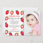 Sweet Strawberry First 1st Birthday Photo サンキューカード (正面)