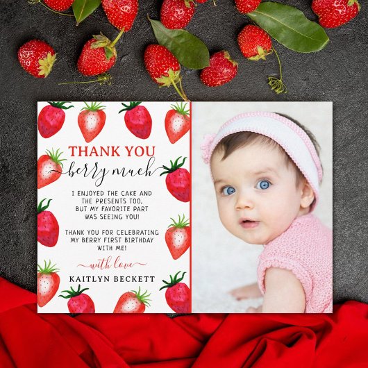 Sweet Strawberry First 1st Birthday Photo サンキューカード
