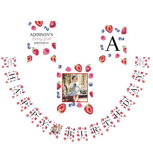Sweet Strawberry First 1st Birthday Photo バンティングフラッグ
