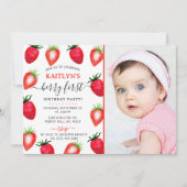 Sweet Strawberry First 1st Birthday Photo 招待状 (正面)