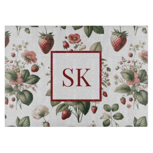 Sweet Strawberry & Floral Pattern Custom Monogram カッティングボード (正面)