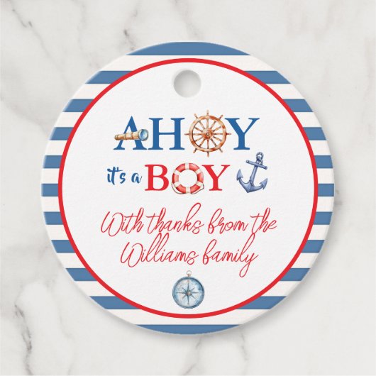 Sweet Striped Blue Red Nautical Ahoy Boy Compass フェイバータグ (正面)