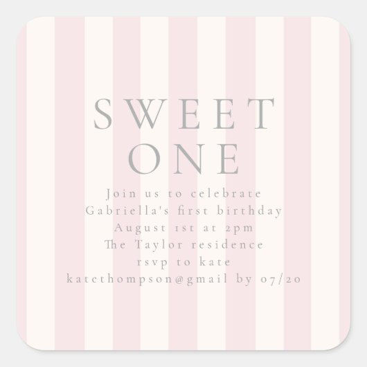 Sweet Stripes first birthday pink invite スクエアシール (正面)