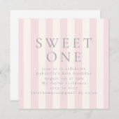 Sweet Stripes first birthday pink invite 招待状 (正面/裏面)