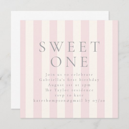 Sweet Stripes first birthday pink invite 招待状 (正面/裏面)
