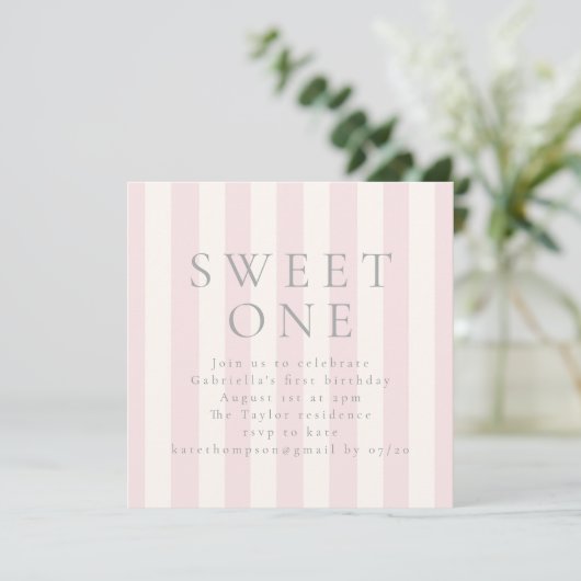 Sweet Stripes first birthday pink invite 招待状 (スタンド正面)