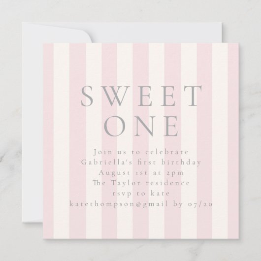 Sweet Stripes first birthday pink invite 招待状 (正面)