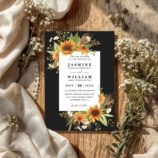Sweet Sunflowers Rustic Elegant QR Code Wedding 招待状