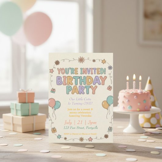 Sweet & Sunny Retro フェルトの文字 1歳の誕生日 招待状
