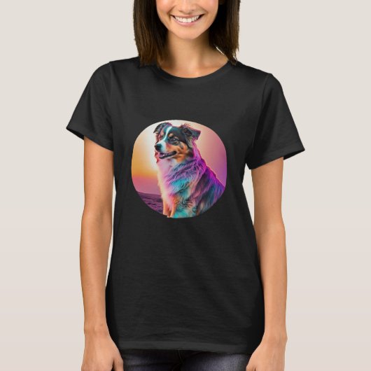 Sweet Synthwave Australian Shepherd with 80s Twist Tシャツ (正面)