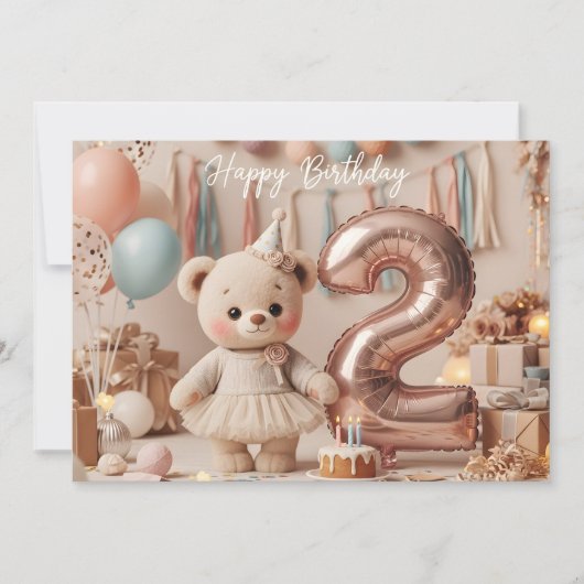 Sweet Teddy Bear 2歳の誕生日パーティー 招待状 (正面)
