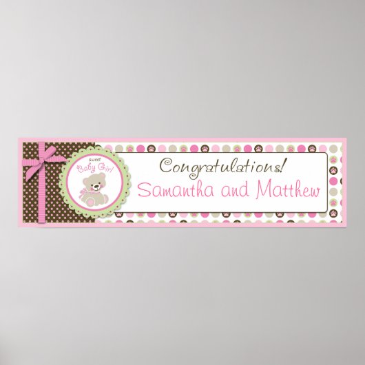 Sweet Teddy Bear Baby Shower Banner Girl ポスター (正面)