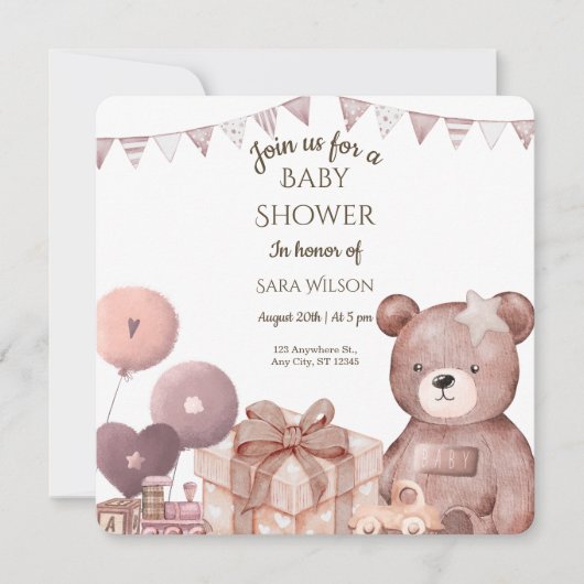 Sweet Teddy Bear Baby Shower Invitation 招待状 (正面)