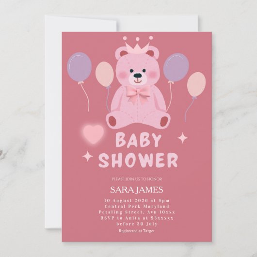 Sweet Teddy Bear Baby Shower Invitation 招待状 (正面)