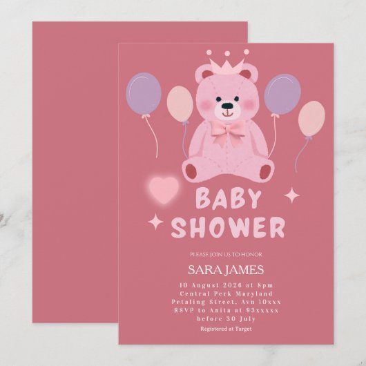 Sweet Teddy Bear Baby Shower Invitation 招待状 (正面/裏面)