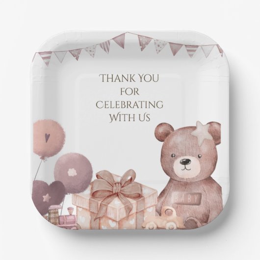 Sweet Teddy Bear Baby Shower Party Plate ペーパープレート (正面)