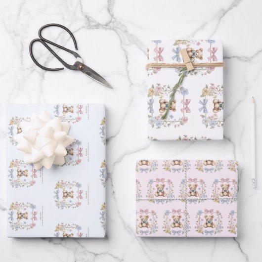 Sweet Teddy Bear Bows Baby Shower Gift Wrap ラッピングペーパーシート (正面)