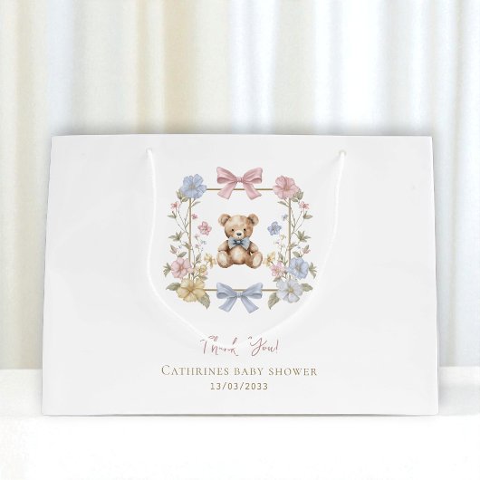 Sweet Teddy Bear Floral Baby Shower Thank You ラージペーパーバッグ