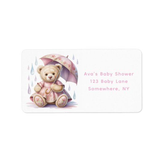 Sweet Teddy Bear Girl Baby Shower Address ラベル (正面)