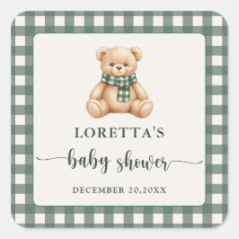 Sweet Teddy Bear Green Plaid Baby Shower Favor スクエアシール