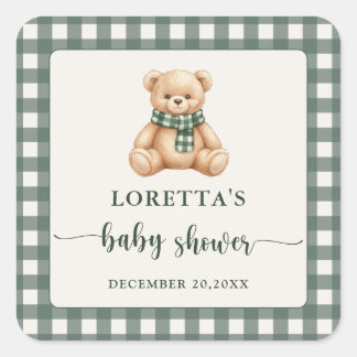 Sweet Teddy Bear Green Plaid Baby Shower Favor スクエアシール