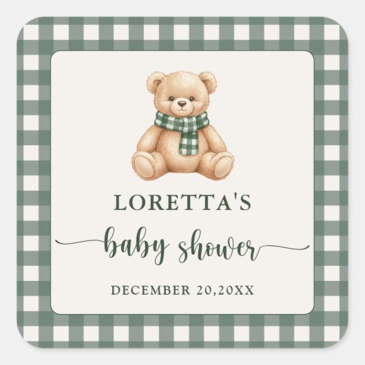 Sweet Teddy Bear Green Plaid Baby Shower Favor スクエアシール (正面)