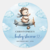 Sweet Teddy Bear Pilot Blue Brown Boy Baby Shower  ラウンドシール (正面)