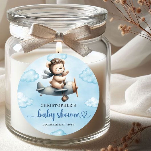 Sweet Teddy Bear Pilot Blue Brown Boy Baby Shower  ラウンドシール
