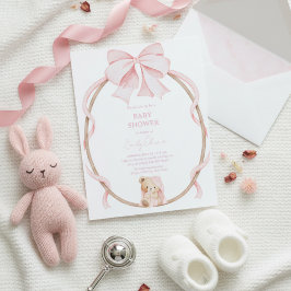 Sweet Teddy Bear & Pink Bow Baby Girl Shower  招待状