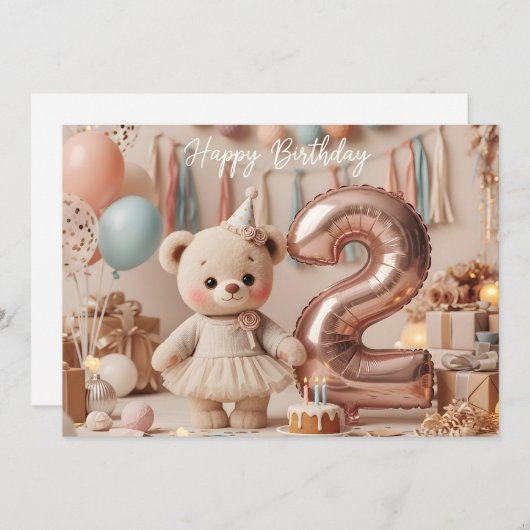 Sweet Teddy Bear Second Birthday Party 招待状 (正面/裏面)