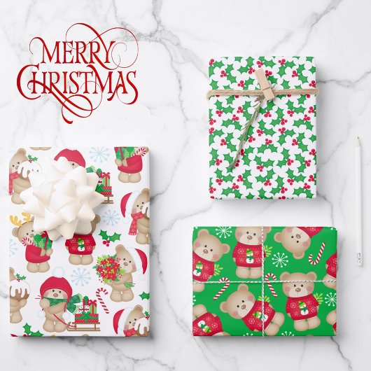 Sweet Teddy Bears 3調整クリスマス ラッピングペーパーシート