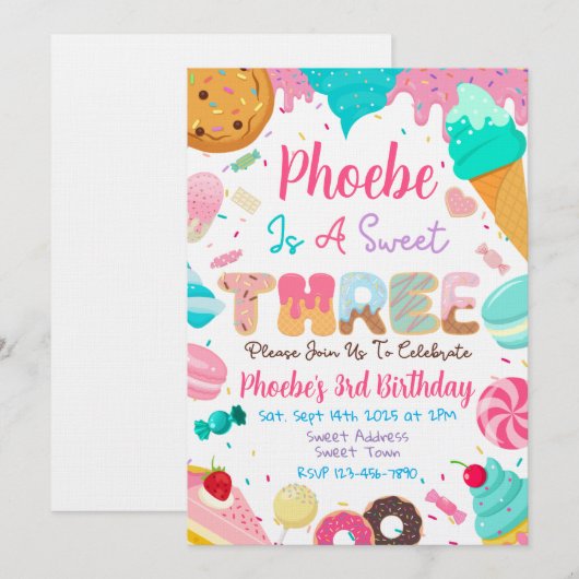 Sweet Third Second Birthday Party Invitation 招待状 (正面/裏面)