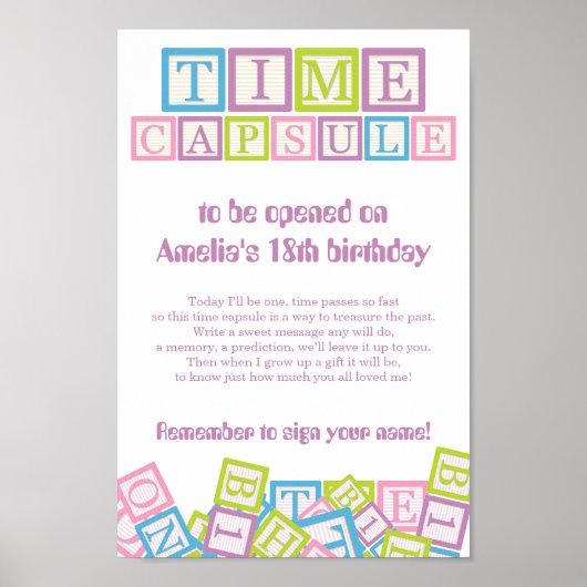 Sweet Time Capsule Blocks First Birthday Keepsake  ポスター (正面)