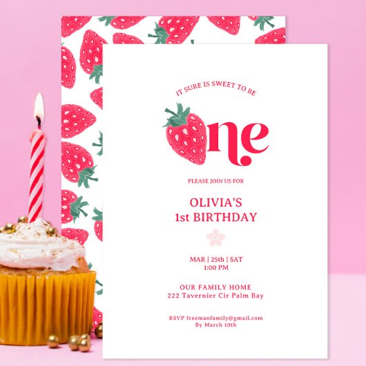 「Sweet to Be One」イチゴの1歳誕生日招待状 招待状