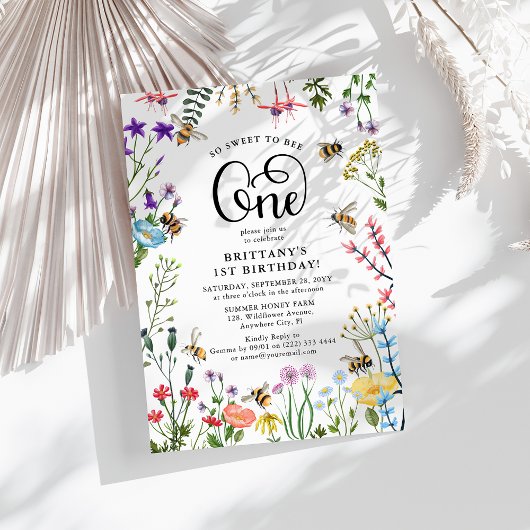 「Sweet to Bee」 ワイルドフラワー＆ハチ 1歳の誕生日 招待状