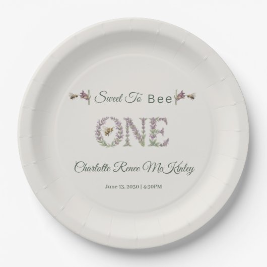Sweet To Bee One 1歳の誕生日 ラベンダー水彩 ペーパープレート (正面)