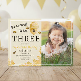 Sweet to Bee Three ハチの巣 3歳の誕生日フォト 招待状