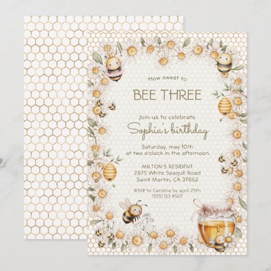 Sweet to BEE Three ハチミツのミツバチとデイジーの誕生日 招待状 (正面/裏面)