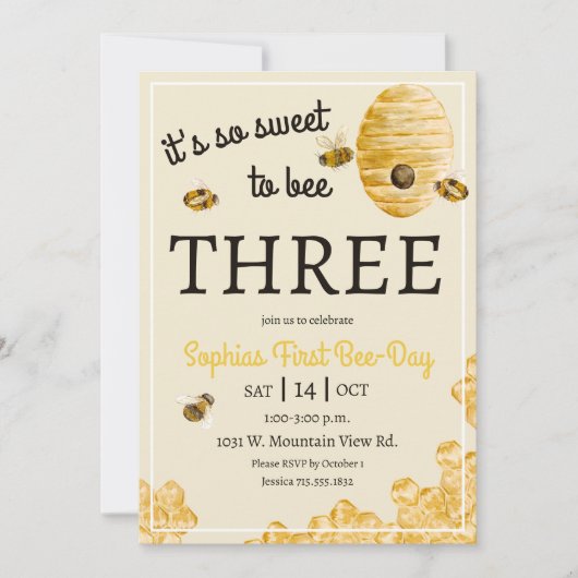 Sweet to Bee Three Honeycomb Bees 3rd Birthday  招待状 (正面)