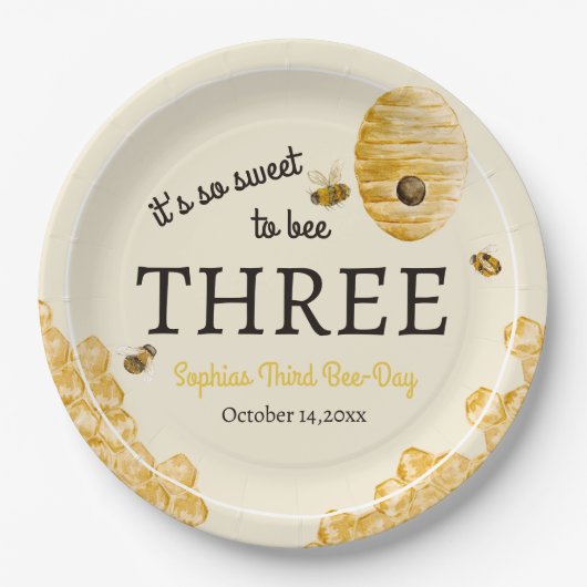 Sweet To Bee Three Third Birthday Bees Honeycomb ペーパープレート (正面)