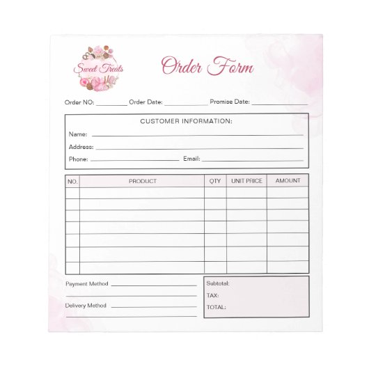 Sweet Treats Bakery Order Form Receipt Invoice ノートパッド (正面)
