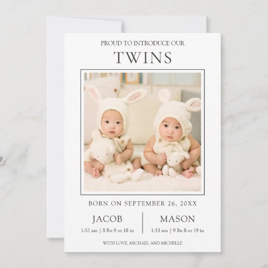 Sweet Twinsモダン写真誕生のお知らせ 案内状 (正面)