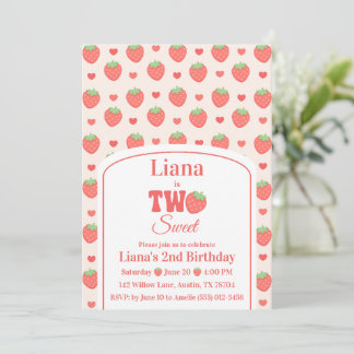 Sweet Two いちごの女の子の2歳の誕生日パーティー 招待状