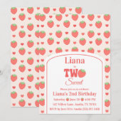 Sweet Two いちごの女の子の2歳の誕生日パーティー 招待状 (正面/裏面)